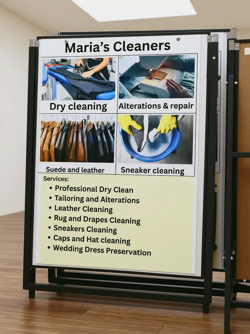 El letrero de caballete de Maria's Cleaners con la lista de servicios
